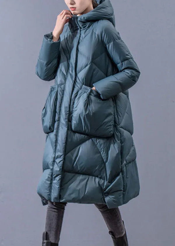 Blue-green Hooded Zippered Oversized Thick Duck Down Puffers Jackets Winter