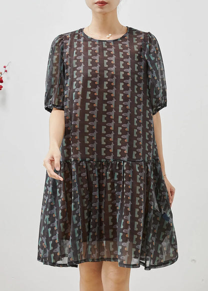 Black Puff Sleeve Print Chiffon Holiday Dress