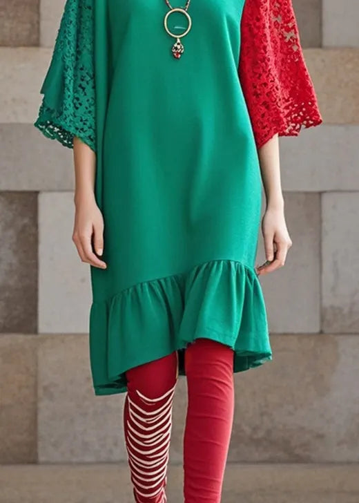 Green Ruffles Patchwork Lace Dresses Fall