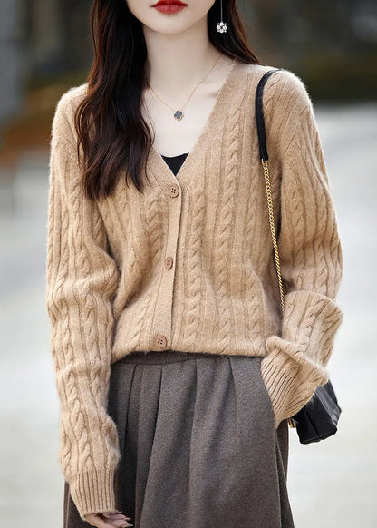 Camel Button Cozy Woolen Knit Cardigans V Neck Long Sleeve