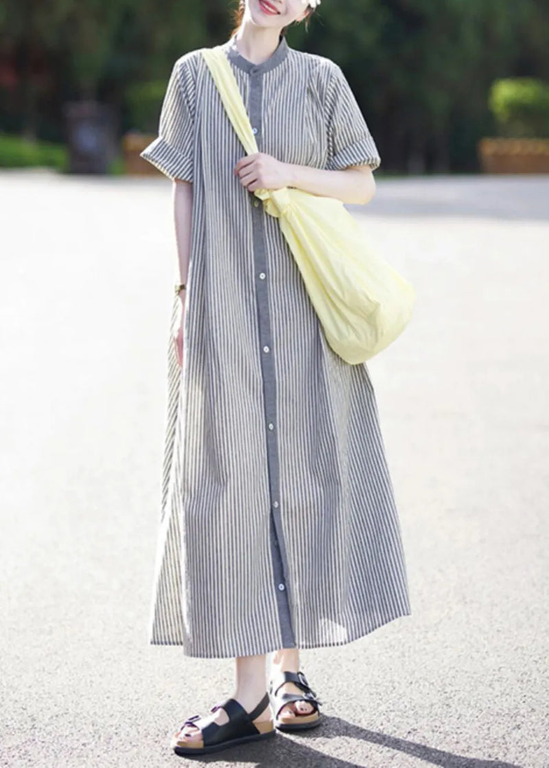 Stand Collar Striped Button Cotton Shirts Dress Summer