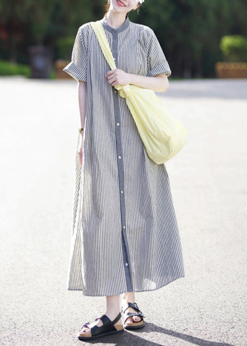 Stand Collar Striped Button Cotton Shirts Dress Summer