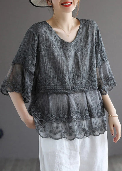 White Embroidered Lace Patchworktops Half Sleeve