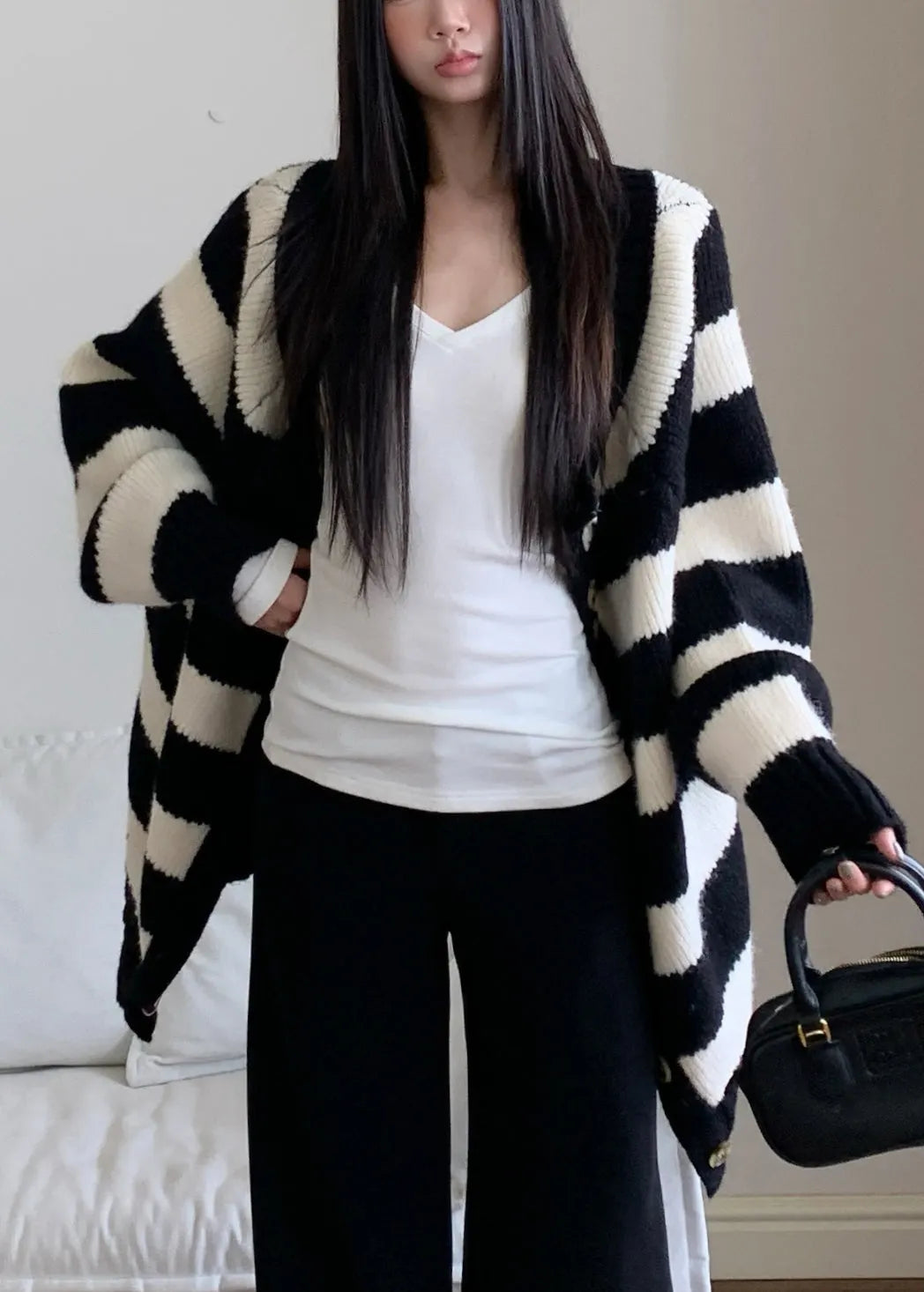 French Striped V Neck Button Knitted Cotto Cardigan Fall