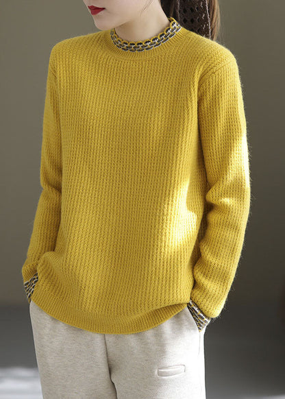 Simple Yellow High Neck Thick Knit Sweater Tops Winter