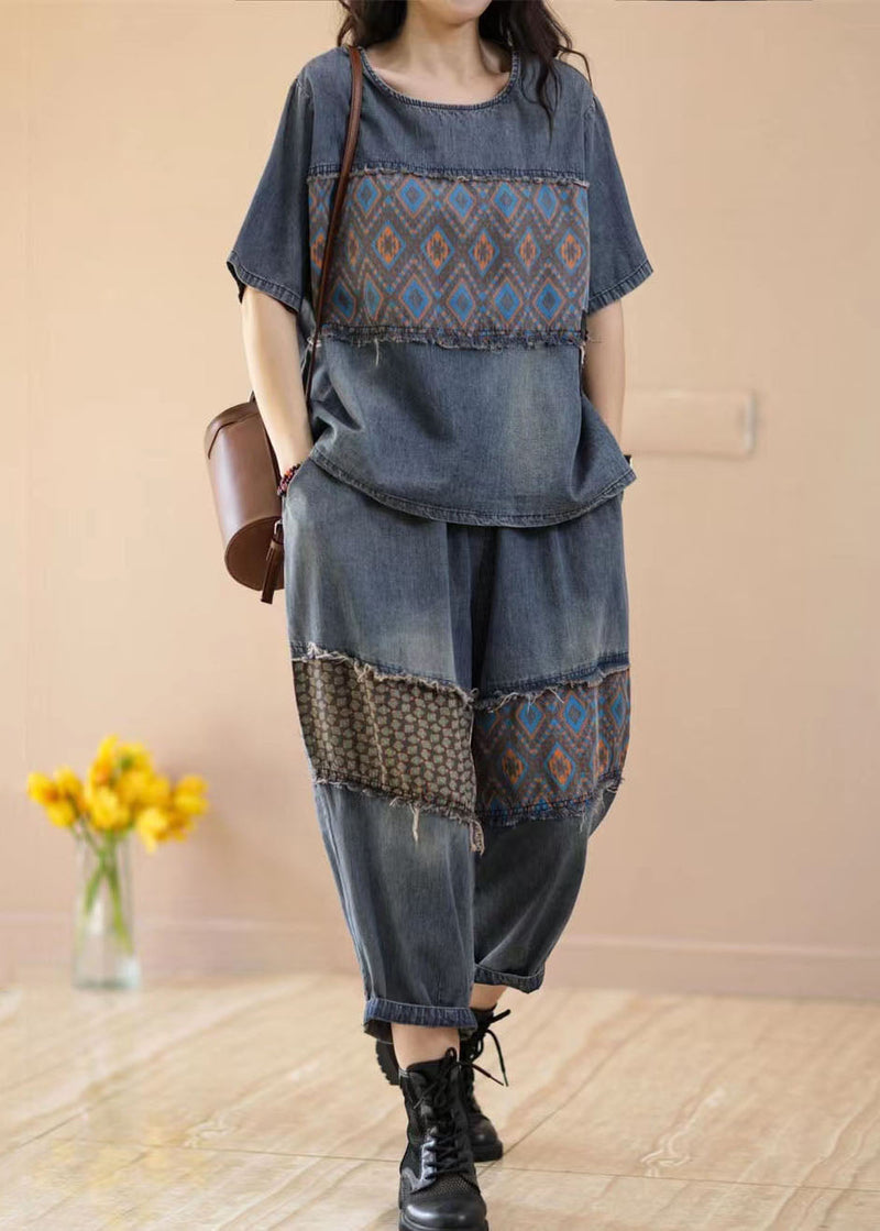 Blue O-neck Patchwork Tops and Pants Denim Two Pieces Set Summer