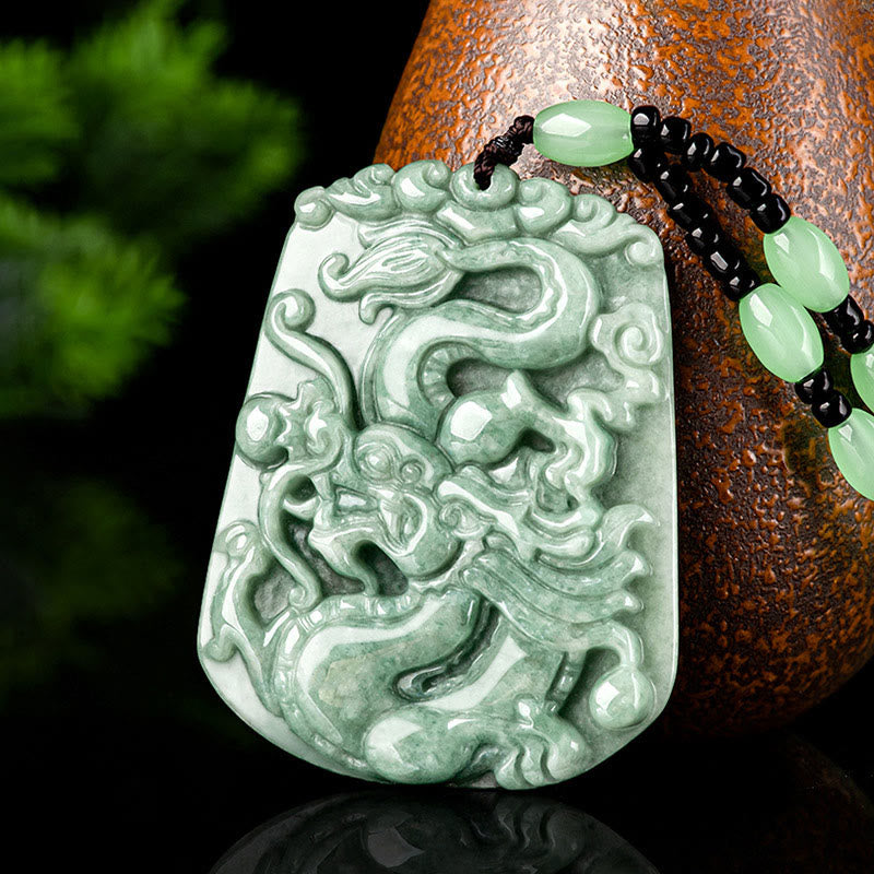 Buddha Stones Year of the Dragon Chinese Zodiac Dragon Soaring Jade Protection Bead Chain Necklace Pendant