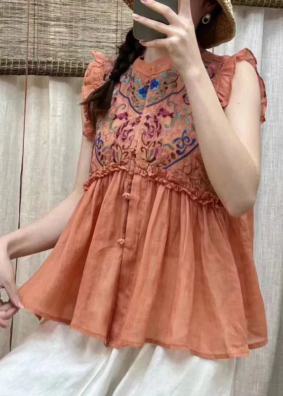 Simple Blue Embroidered Ruffles Button Linen Top Short Sleeve