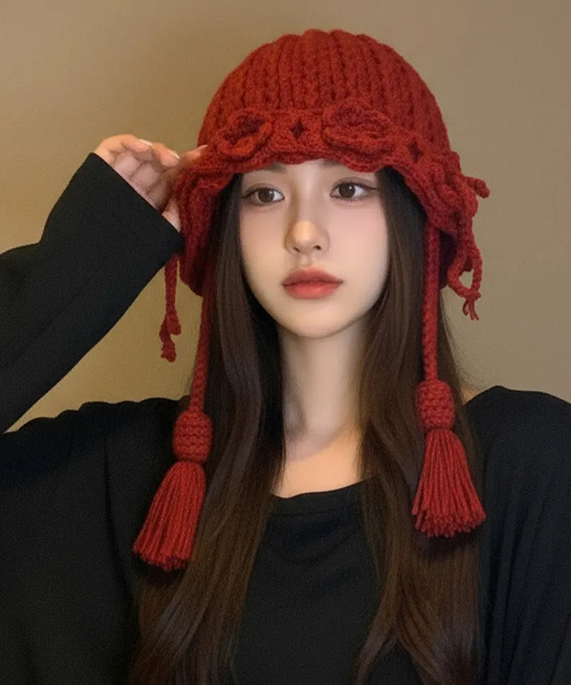 New Red Flower Warm Versatile Tassel Knitted Hat