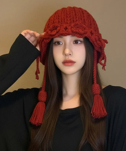 New Red Flower Warm Versatile Tassel Knitted Hat