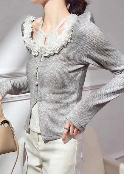 Grey V Neck Cotton Knit Cardigans Fall