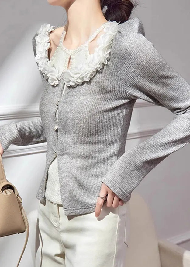 Grey V Neck Cotton Knit Cardigans Fall