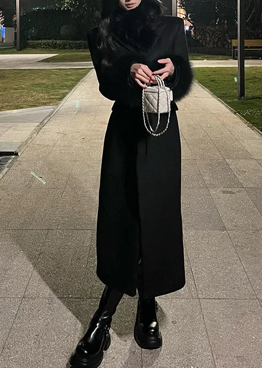 Black Fur Patchwork Woolen Fine Cotton Filled Coat Winter
