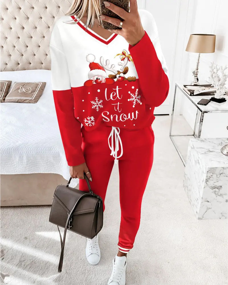 Casual Sport V-Neck Christmas Print