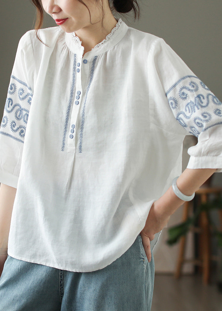 Diy Yellow Stand Collar Embroidered Linen Blouse Top Summer