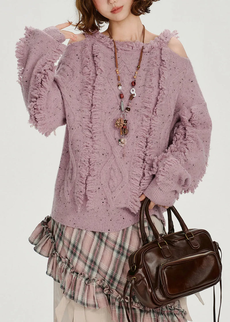 Italian Light Purple Cold Shoulder Cozy Fluffy Sweater Tops Winter