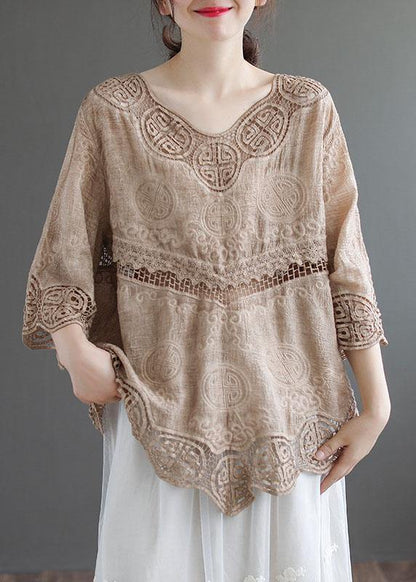 Stylish Khaki O-neck Embroidered Summer Asymmetrical Design Top