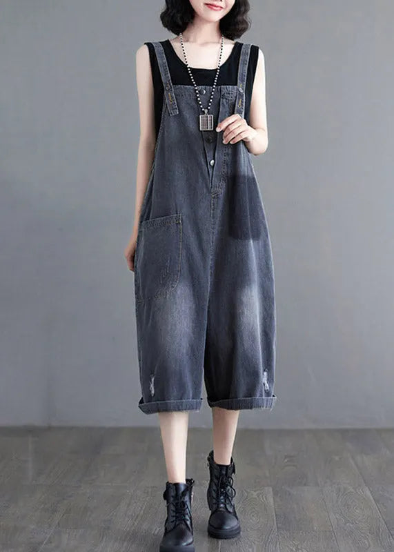 Black High Waist Denim Jumpsuit Sleeveless