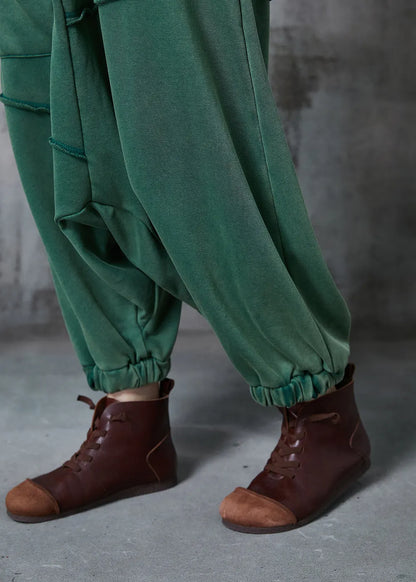 Green Oversized Asymmetrical Cotton Harem Pants Fall