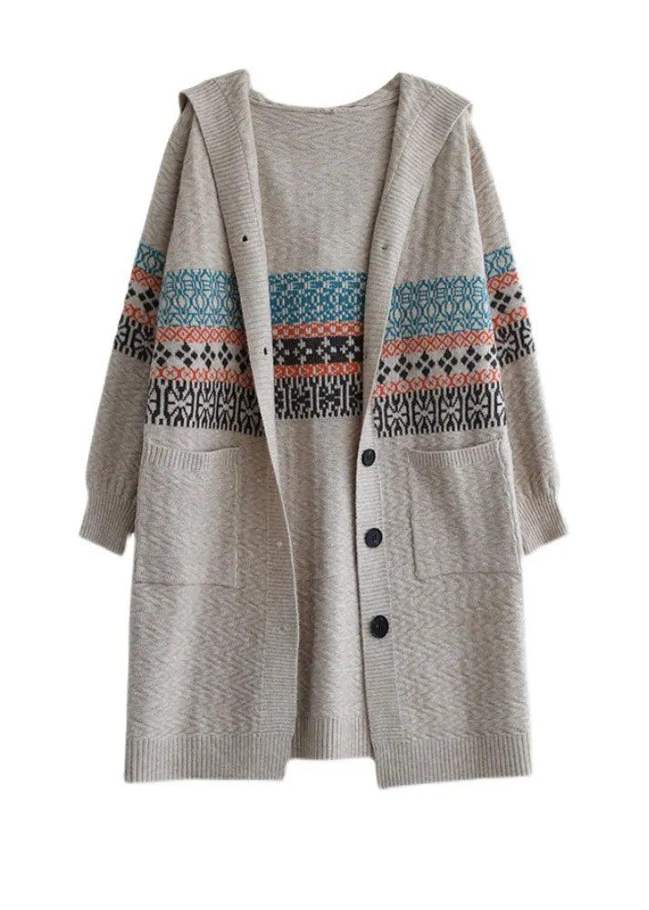 Beige Button Knitted Hooded Coats Cardigans Spring