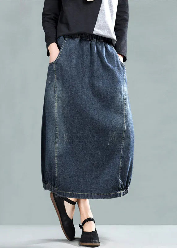 Dark Blue Patchwork Denim a Line Skirt Wrinkled Spring