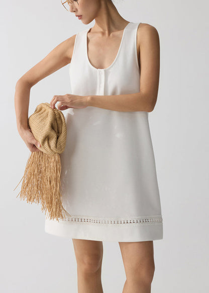 White U Neck Hollow Out Cotton Mini Dress Summer