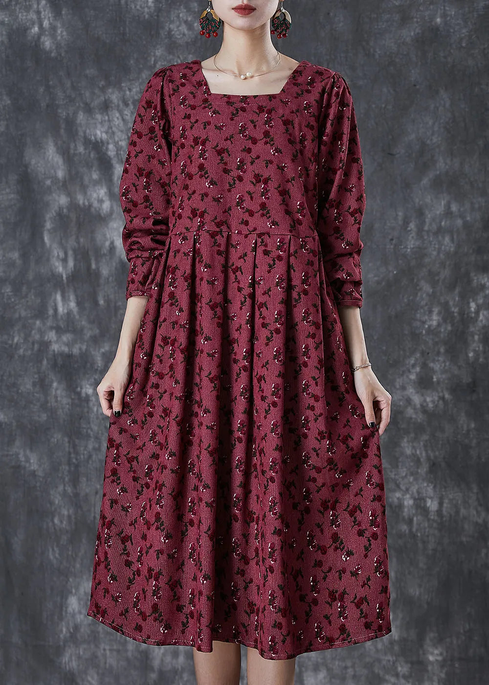Mulberry Square Collar Print Corduroy Robe Dresses Spring