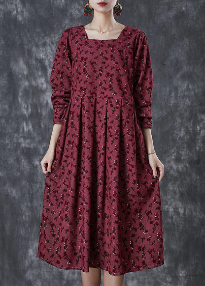 Mulberry Square Collar Print Corduroy Robe Dresses Spring