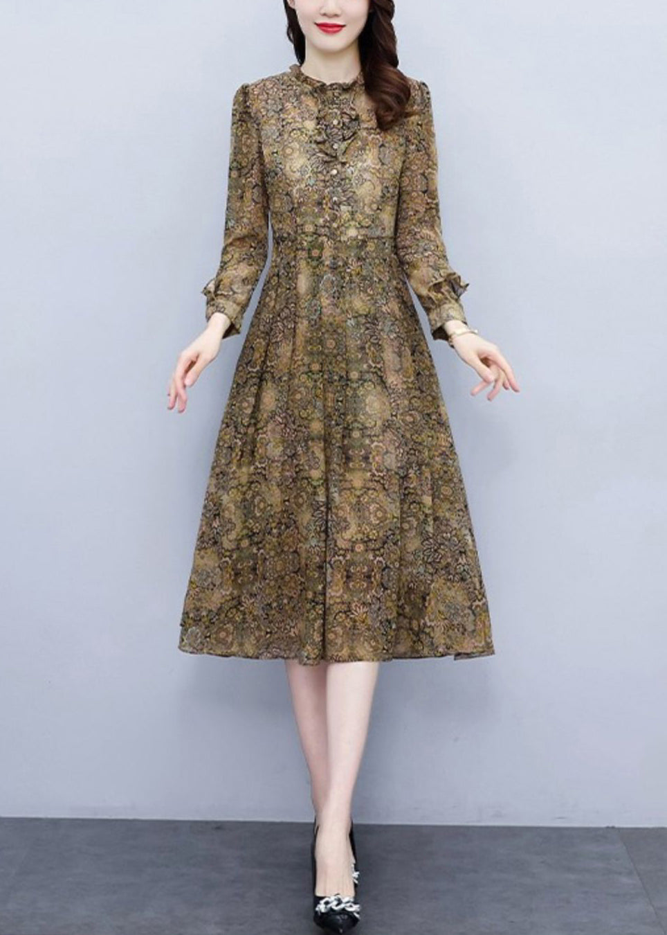 Ruffled Print High Waist Chiffon Dress Long Sleeve