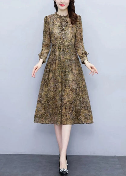 Ruffled Print High Waist Chiffon Dress Long Sleeve