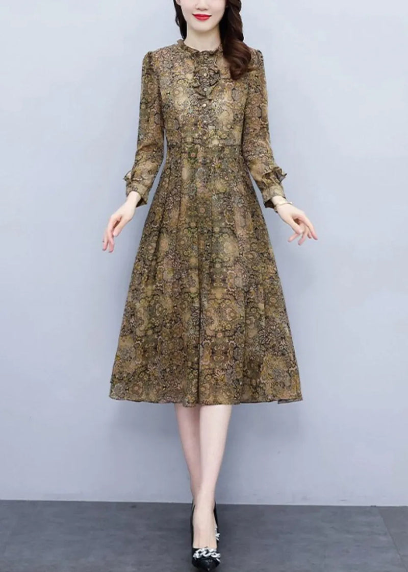 Ruffled Print High Waist Chiffon Dress Long Sleeve