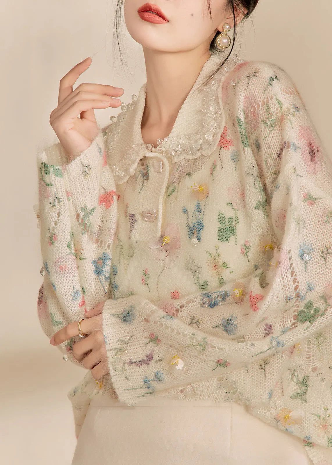 Apricot Peter Pan Collar Print Hollow Out Sequins Cotton Knit Sweaters Winter