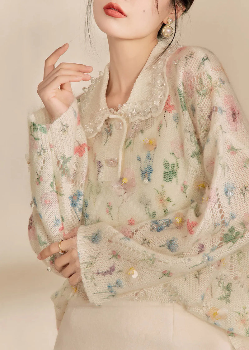 Apricot Peter Pan Collar Print Hollow Out Sequins Cotton Knit Sweaters Winter