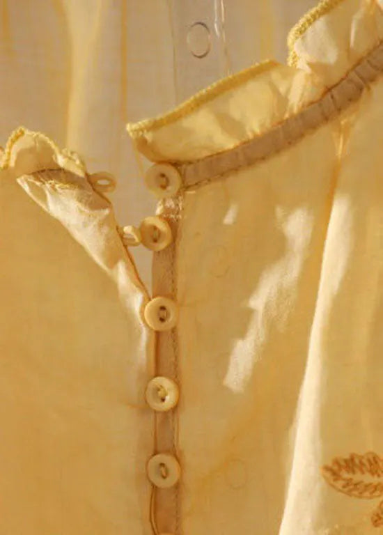 Yellow Ruffled Patchwork Linen T Shirt Tops Summer