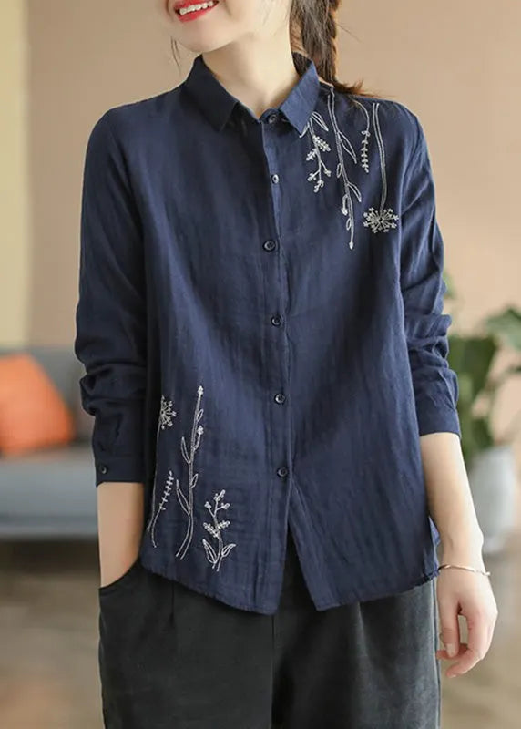 Navy Blue Embroidered Cotton Shirt Spring