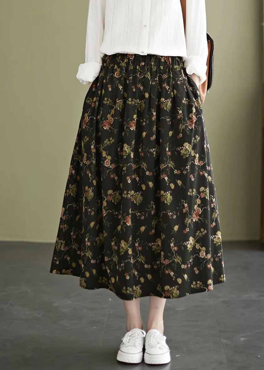 Black Print Cotton a Line Skirt Exra Large Hem Pockets Fall