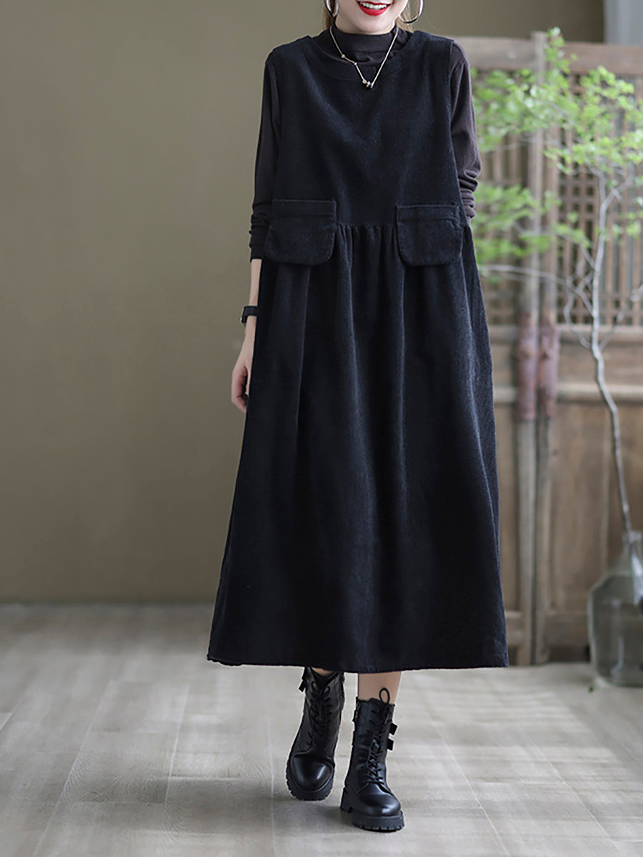 - Corduroy Pocket Sleeveless Pinafore Dress