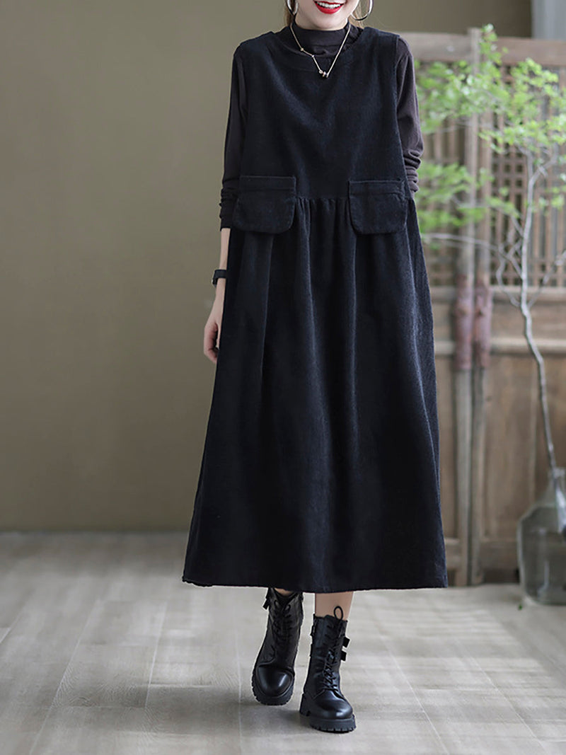 - Corduroy Pocket Sleeveless Pinafore Dress