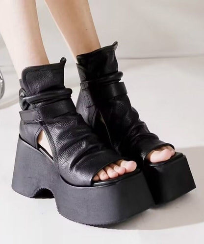 Black Cowhide Leather Splicing Platform Sandals Boots Peep Toe