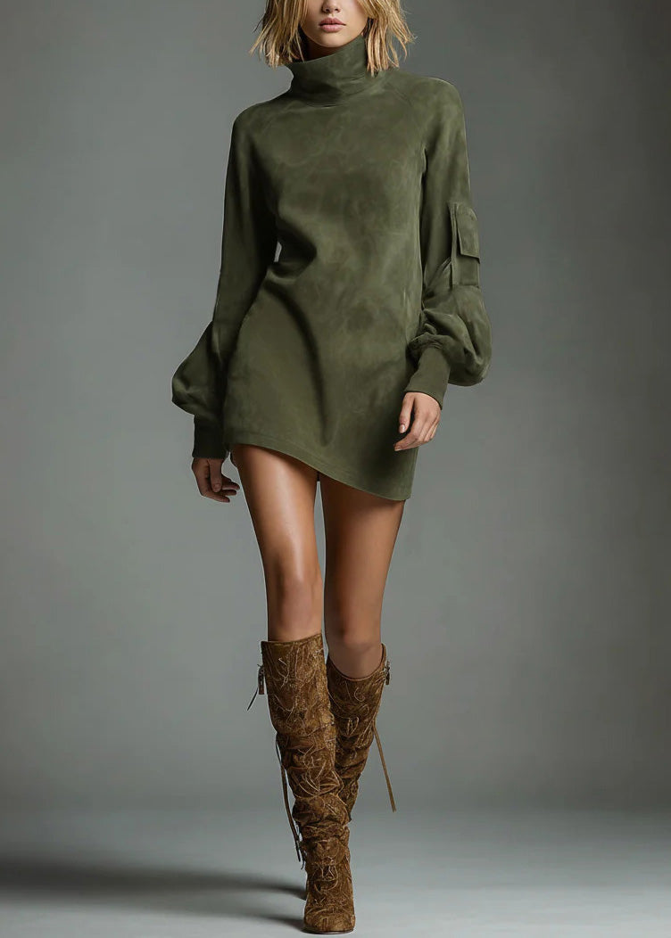 Fine Caramel Hign Neck Patchwork Faux Suede Mini Dress Fall
