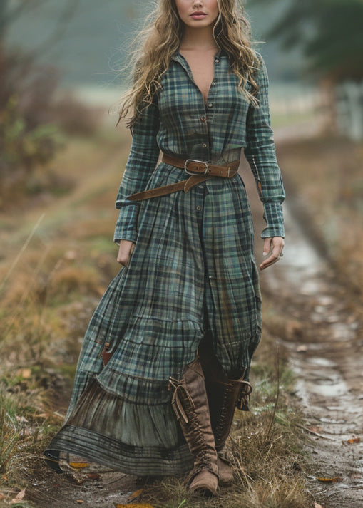 Green V Neck Plaid Button Chiffon Long Dress Fall