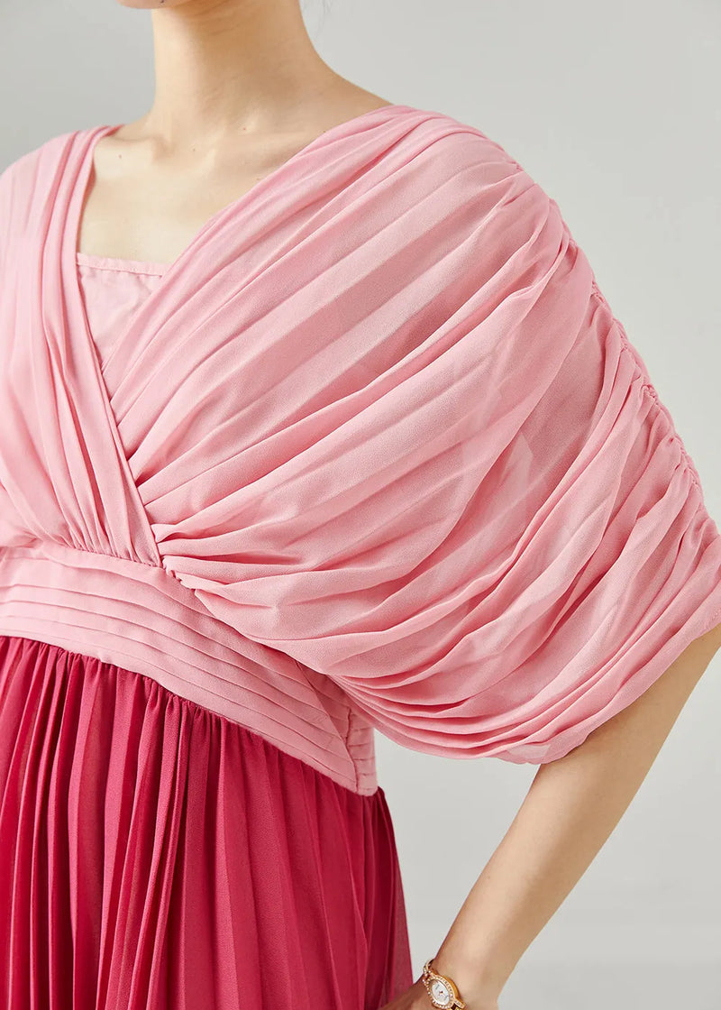 Italian Pink Patchwork Chiffon Pleated Dress Summer