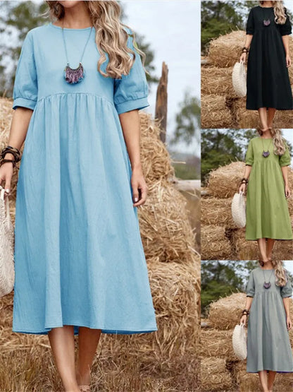 High Waist Round Neck Color Loose Waist Mid-length Skirt Cotton Linen Dress A-line Dress