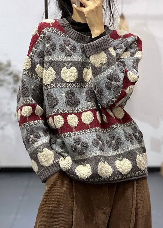 Stylish Grey O Neck Jacquard Knit Sweater Tops Spring