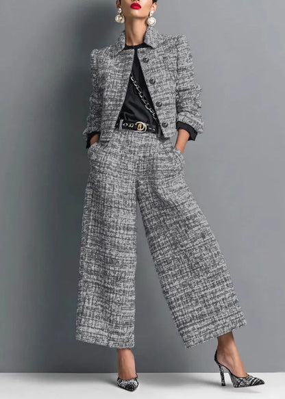 French Black Coat and Pants Cotton Two Pieces Set Fall