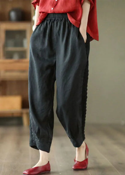 Black Elastic Waist Patchwork Lace Linen Harem Pants Spring