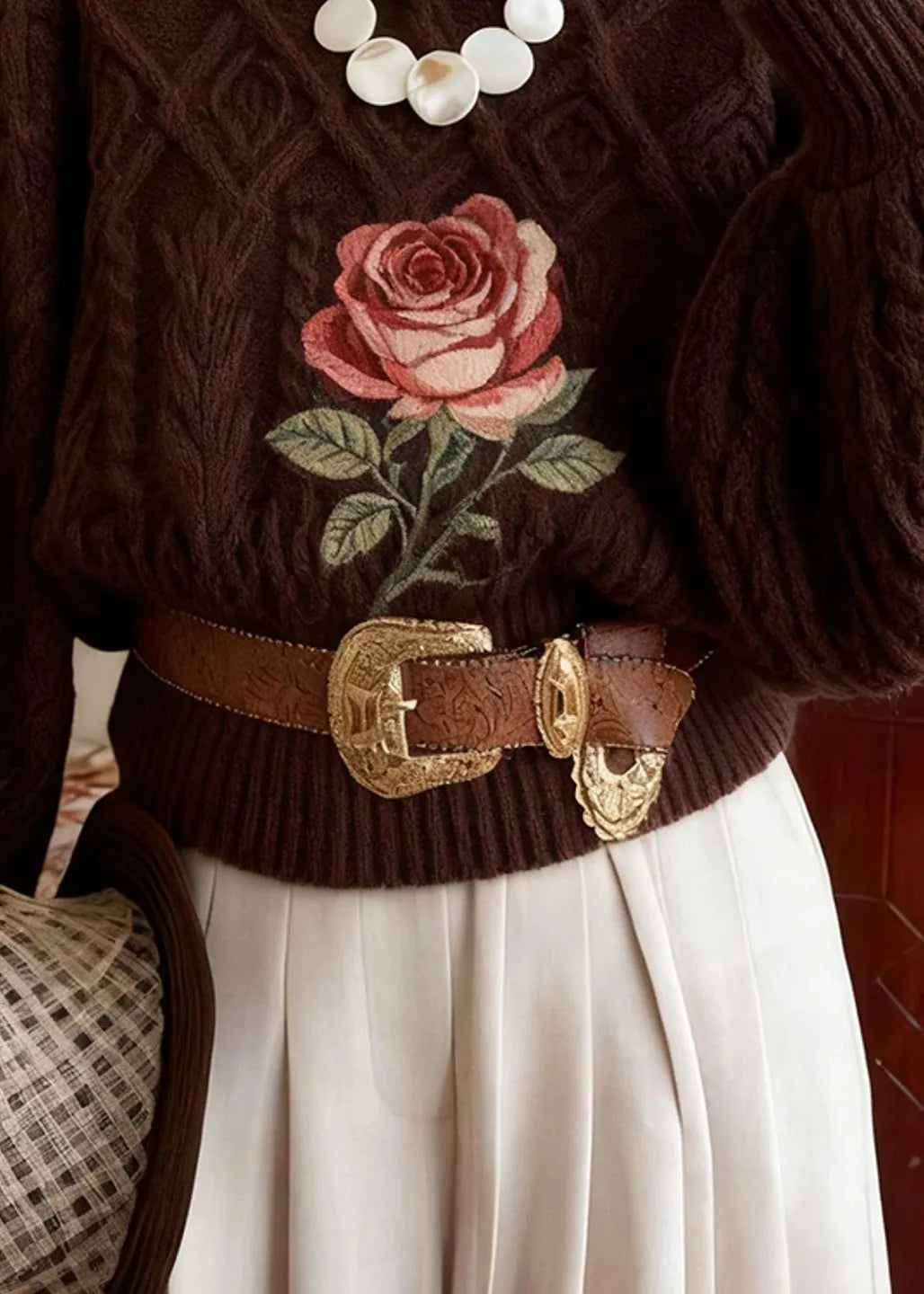 Chocolate Turtleneck Rose Knitted Cotton Sweater Winter