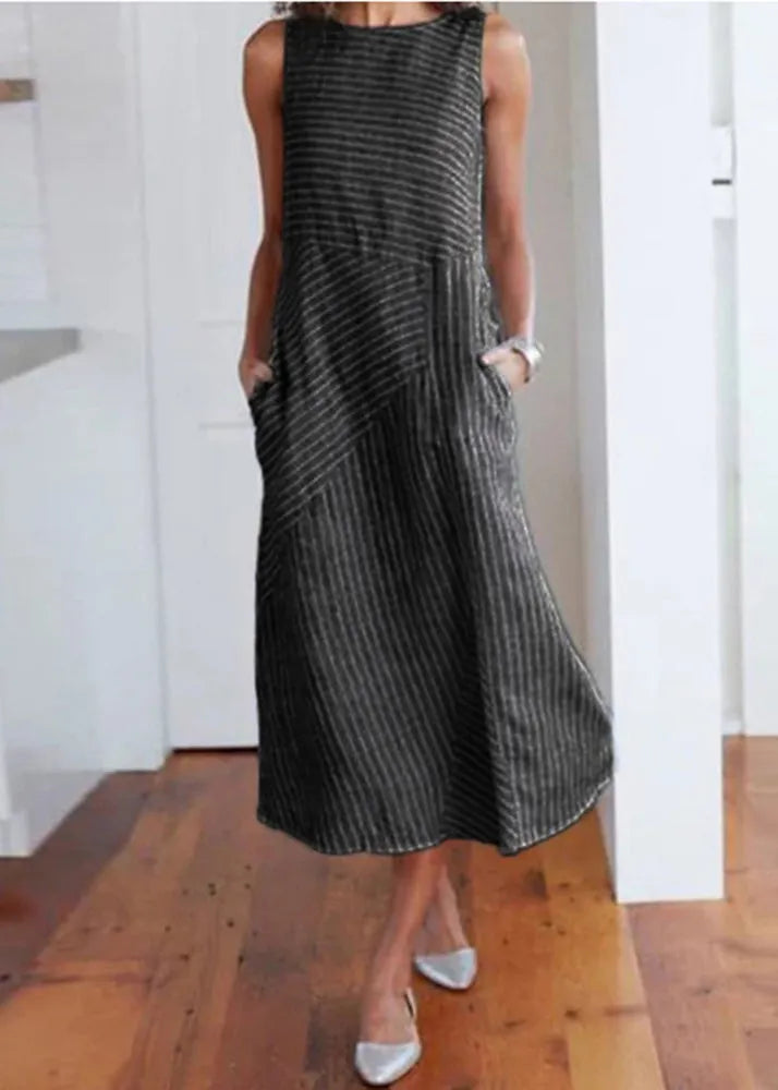 Blue O Neck Striped Pockets Cotton Dress Sleeveless