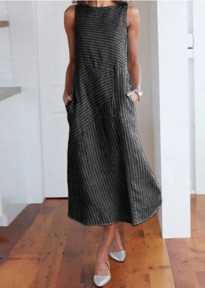 Blue O Neck Striped Pockets Cotton Dress Sleeveless