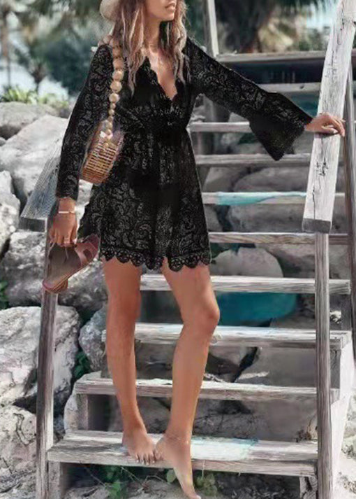 White V Neck Hollow Out Lace Mid Dress Flare Sleeve